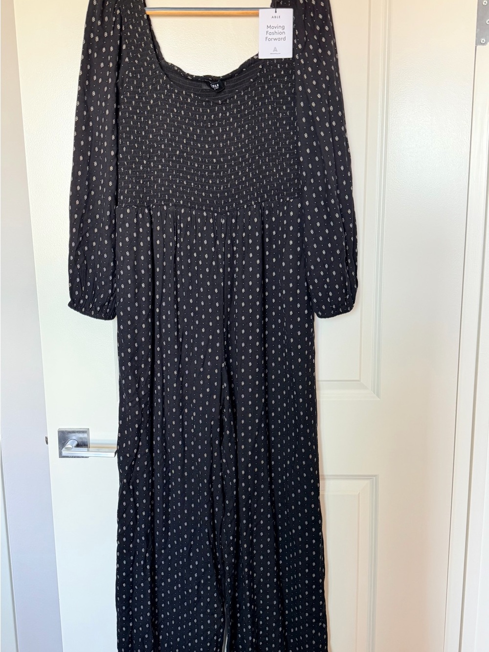 ABLE Marion Smocked Wide Leg Jumpsuit Black XL NWT